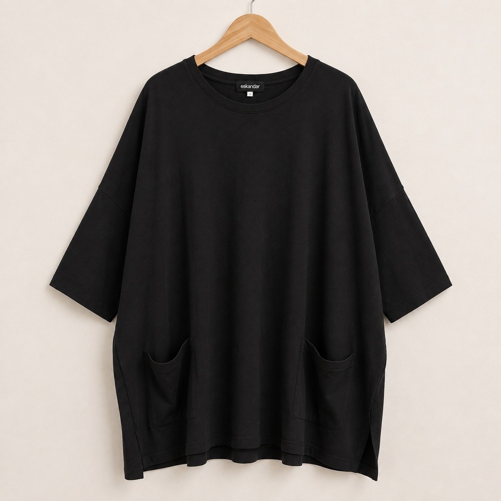 Eskandar Poncho Tunic Womens 1 Black Cotton Pima Jersey Sloped Shoulder Pockets